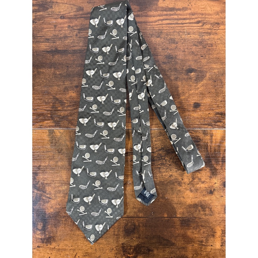 ESPN Wemco Mens Silk Necktie Olive Green Golf Clubs Balls Sports Tie Made in USA